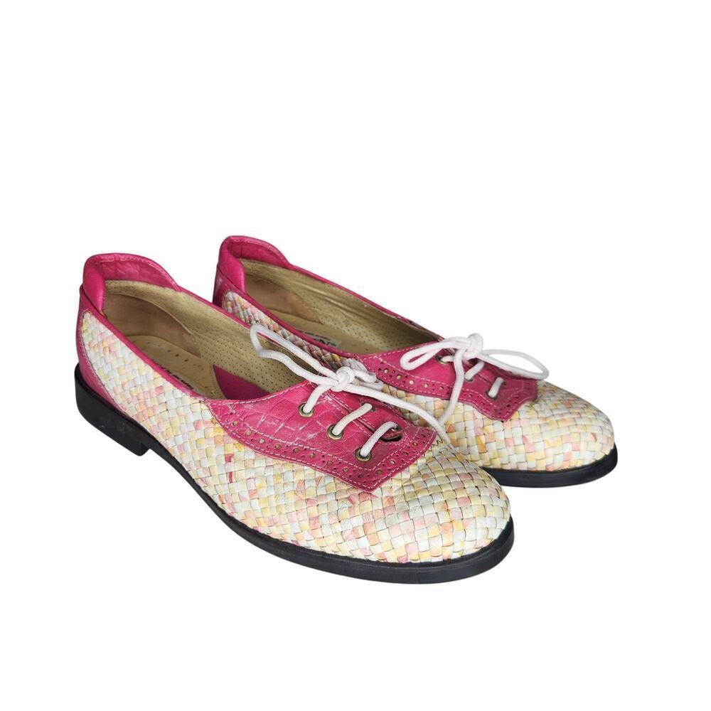 Aerogreen Women's Golf Shoes Pink Weave Leather Preppy Classic Retro 9